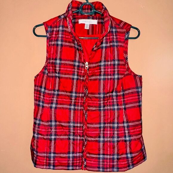 Croft & Barrow Women's Red Plaid Puffer Vest - Size XS - Picture 4 of 8